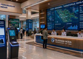 Dashboard interaktif Manajemen Transportasi Publik Medan yang menampilkan sistem pemantauan data logistik real-time untuk mendukung efisiensi transportasi kota Medan