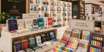 Jajaran tempat buku materi TKP CPNS terbaik bahan premium untuk usaha persiapan ujian aparatur sipil negara dan alat modul kepribadian ASN heavy duty minimalis berbagai panduan analisis studi kasus yang tersusun sangat rapi di dalam etalase toko perlengkapan kantor
