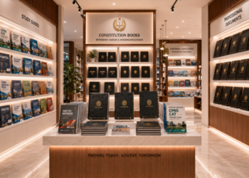 Jajaran tempat buku materi TWK CPNS bahan premium untuk usaha kelulusan ujian aparatur sipil negara dan alat modul pilar negara heavy duty minimalis berbagai rangkuman sejarah tata negara yang tersusun sangat rapi di dalam etalase toko perlengkapan kantor