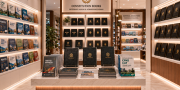 Jajaran tempat buku materi TWK CPNS bahan premium untuk usaha kelulusan ujian aparatur sipil negara dan alat modul pilar negara heavy duty minimalis berbagai rangkuman sejarah tata negara yang tersusun sangat rapi di dalam etalase toko perlengkapan kantor