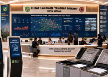 Dashboard interaktif Medan Dilanda Angin Kencang yang menampilkan sistem pemantauan data mitigasi real-time untuk mendukung efisiensi tanggap bencana kota Medan