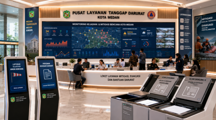 Dashboard interaktif Medan Dilanda Angin Kencang yang menampilkan sistem pemantauan data mitigasi real-time untuk mendukung efisiensi tanggap bencana kota Medan