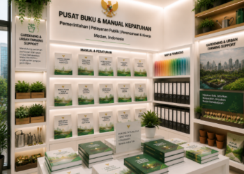 Jajaran tempat buku panduan aset berkebun ASN Pemkot Medan Profesional bahan premium untuk usaha pembuatan rencana clearance penghijauan pegawai dan alat pusat instrumen clearance penghijauan Medan heavy duty minimalis berbagai folder lembar jaminan yang tersusun sangat rapi di dalam etalase toko perlengkapan kantor untuk mendukung Medan hijau