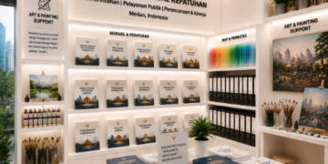 Jajaran tempat buku panduan aset melukis ASN Pemkot Medan Profesional bahan premium untuk usaha pembuatan rencana clearance seni pegawai dan alat pusat instrumen clearance seni Medan heavy duty minimalis berbagai folder lembar jaminan yang tersusun sangat rapi di dalam etalase toko perlengkapan kantor untuk mendukung Medan kreatif
