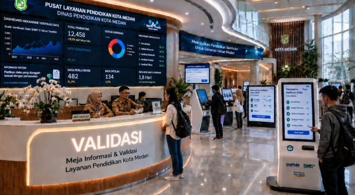 Dashboard interaktif Mekanisme Verifikasi Data yang menampilkan alur validasi informasi real-time untuk mendukung efisiensi pendaftaran kota Medan.