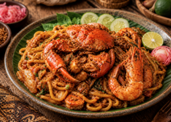 Sajian sepiring mie aceh kuah kental dengan topping kepiting besar yang sangat lezat di salah satu warung mie aceh di Medan yang ramai