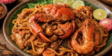 Sajian sepiring mie aceh kuah kental dengan topping kepiting besar yang sangat lezat di salah satu warung mie aceh di Medan yang ramai