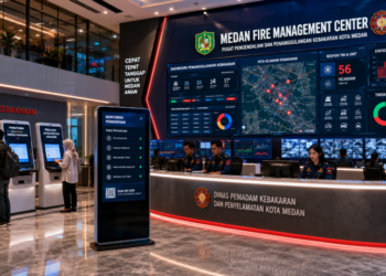 Dashboard interaktif Mitigasi Kebakaran Medan yang menampilkan sistem pemantauan data penanggulangan real-time untuk mendukung efisiensi pemadam kebakaran kota Medan