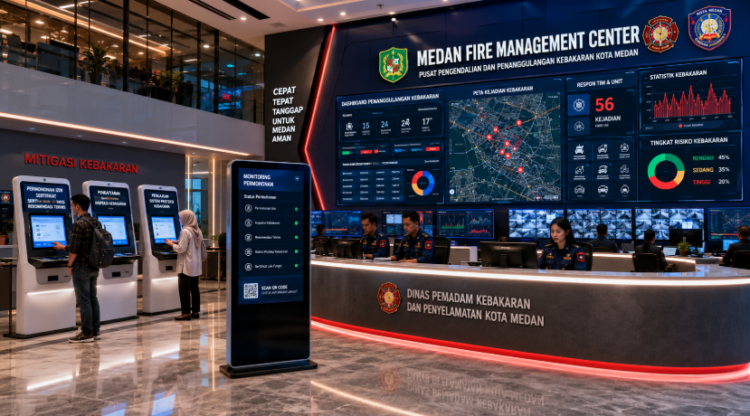 Dashboard interaktif Mitigasi Kebakaran Medan yang menampilkan sistem pemantauan data penanggulangan real-time untuk mendukung efisiensi pemadam kebakaran kota Medan