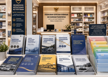 Jajaran tempat buku panduan mobil mandiri ASN Pemkot Medan Laju bahan premium untuk usaha pembuatan rencana clearance armada pegawai dan alat pusat instrumen clearance armada Medan heavy duty minimalis berbagai folder lembar jaminan yang tersusun sangat rapi di dalam etalase toko perlengkapan kantor
