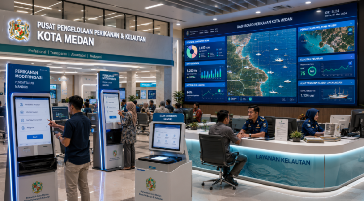 Dashboard interaktif Modernisasi Perikanan Medan yang menampilkan sistem pemantauan data kelautan real-time untuk mendukung efisiensi perikanan kota Medan