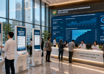 Dashboard interaktif Monitoring Izin Industri Medan yang menampilkan sistem pemantauan data manufaktur real-time untuk mendukung efisiensi industri kota Medan