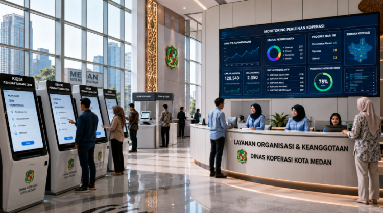 Dashboard interaktif Monitoring Izin Koperasi Medan yang menampilkan sistem pemantauan data keanggotaan real-time untuk mendukung efisiensi koperasi kota Medan
