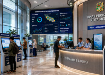 Dashboard interaktif Monitoring Izin Perikanan Medan yang menampilkan sistem pemantauan data budidaya real-time untuk mendukung efisiensi perikanan kota Medan