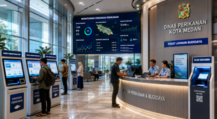 Dashboard interaktif Monitoring Izin Perikanan Medan yang menampilkan sistem pemantauan data budidaya real-time untuk mendukung efisiensi perikanan kota Medan