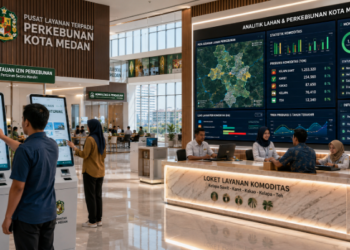 Dashboard interaktif Monitoring Izin Perkebunan Medan yang menampilkan sistem pemantauan data komoditas real-time untuk mendukung efisiensi perkebunan kota Medan