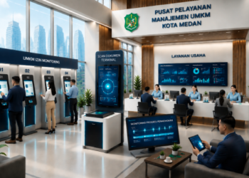 Dashboard interaktif Monitoring Izin UMKM Medan yang menampilkan sistem pemantauan data usaha real-time untuk mendukung efisiensi UMKM kota Medan