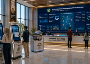 A professional cinematic shot of a modern city tourism management center in Medan with high-tech wisata izin monitoring kiosks and smart scanning terminals near a bright clean destinasi service desk with digital pelancongan analytics displays pimpinan professional staff in uniform pimpinan applicants checking digital monitoring progress on screens pimpinan bright morning tactical atmosphere pimpinan photorealistic pimpinan 8k resolution
