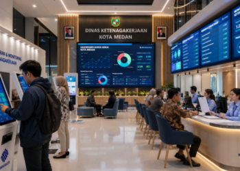 Dashboard interaktif Monitoring Ketenagakerjaan Medan yang menampilkan sistem pemantauan data naker real-time untuk mendukung efisiensi ketenagakerjaan kota Medan