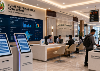 Dashboard interaktif Monitoring Sertifikasi Kerja Medan yang menampilkan sistem pemantauan data kompetensi real-time untuk mendukung efisiensi ketenagakerjaan kota Medan