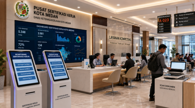 Dashboard interaktif Monitoring Sertifikasi Kerja Medan yang menampilkan sistem pemantauan data kompetensi real-time untuk mendukung efisiensi ketenagakerjaan kota Medan