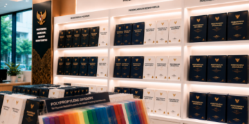 Jajaran tempat buku panduan mutasi pegawai ASN Pemkot Medan Tepat bahan premium untuk usaha pembuatan rencana redistribusi pegawai dan alat pusat instrumen mutasi Medan heavy duty minimalis berbagai folder lembar redistribusi yang tersusun sangat rapi di dalam etalase toko perlengkapan kantor