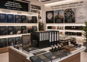 Jajaran tempat buku panduan aset jam tangan ASN Pemkot Medan Profesional bahan premium untuk usaha pembuatan rencana clearance horologi pegawai dan alat pusat instrumen clearance horologi Medan heavy duty minimalis berbagai folder lembar jaminan yang tersusun sangat rapi di dalam etalase toko perlengkapan kantor untuk mendukung nilai historis kota Medan