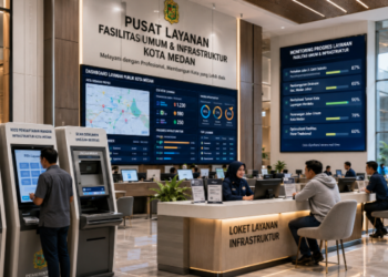 Dashboard interaktif Optimalisasi Fasilitas Umum Medan yang menampilkan sistem pemantauan data publik real-time untuk mendukung efisiensi infrastruktur kota Medan