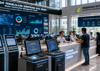 Dashboard interaktif Optimalisasi Konstruksi Medan yang menampilkan sistem pemantauan data infrastruktur real-time untuk mendukung efisiensi konstruksi kota Medan