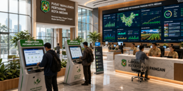 Dashboard interaktif Optimalisasi Pertanian Medan yang menampilkan sistem pemantauan data pangan real-time untuk mendukung efisiensi pertanian kota Medan