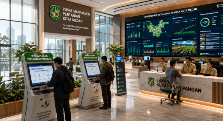 Dashboard interaktif Optimalisasi Pertanian Medan yang menampilkan sistem pemantauan data pangan real-time untuk mendukung efisiensi pertanian kota Medan