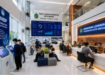 Dashboard interaktif Optimalisasi Registrasi Siswa yang menampilkan alur pendataan akun real-time untuk mendukung efisiensi pendaftaran kota Medan.