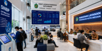 Dashboard interaktif Optimalisasi Registrasi Siswa yang menampilkan alur pendataan akun real-time untuk mendukung efisiensi pendaftaran kota Medan.