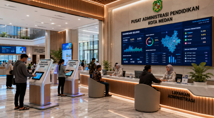 Dashboard interaktif Panduan Pendaftaran Siswa yang menampilkan alur seleksi pendaftar real-time untuk mendukung efisiensi pendaftaran kota Medan.