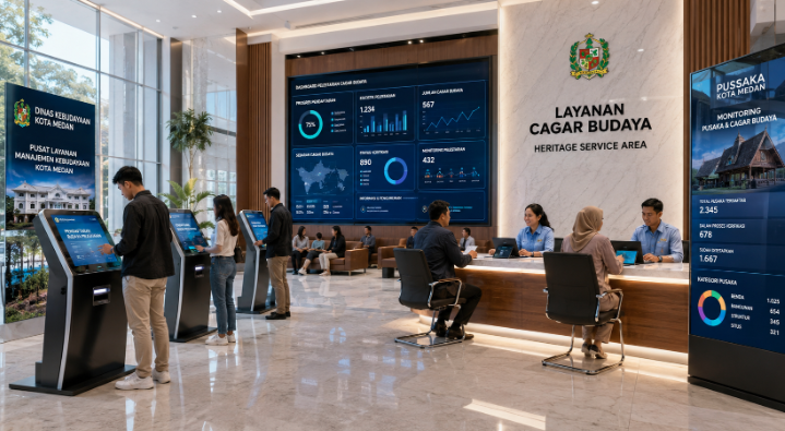 Dashboard interaktif Pelestarian Budaya Medan yang menampilkan sistem pemantauan data pusaka real-time untuk mendukung efisiensi kebudayaan kota Medan