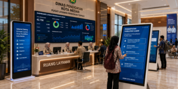 Dashboard interaktif Pemanfaatan Fasilitas Ujian yang menampilkan alur penggunaan ruang real-time untuk mendukung efisiensi pendaftaran kota Medan.