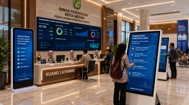 Dashboard interaktif Pemanfaatan Fasilitas Ujian yang menampilkan alur penggunaan ruang real-time untuk mendukung efisiensi pendaftaran kota Medan.