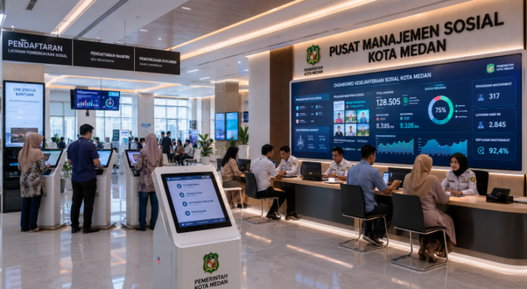 Dashboard interaktif Pemberdayaan Sosial Medan yang menampilkan sistem pemantauan data kesejahteraan real-time untuk mendukung efisiensi sosial kota Medan