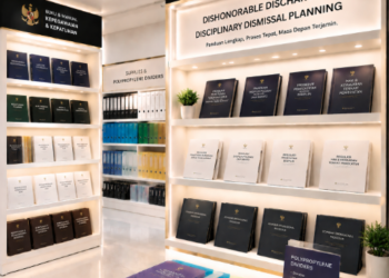 Jajaran tempat buku panduan pemberhentian tidak hormat ASN Pemkot Medan Tegas bahan premium untuk usaha pembuatan rencana sidang disiplin pegawai dan alat pusat instrumen sidang disiplin Medan heavy duty minimalis berbagai folder lembar risalah yang tersusun sangat rapi di dalam etalase toko perlengkapan kantor