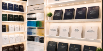 Jajaran tempat buku panduan pemberhentian tidak hormat ASN Pemkot Medan Tegas bahan premium untuk usaha pembuatan rencana sidang disiplin pegawai dan alat pusat instrumen sidang disiplin Medan heavy duty minimalis berbagai folder lembar risalah yang tersusun sangat rapi di dalam etalase toko perlengkapan kantor