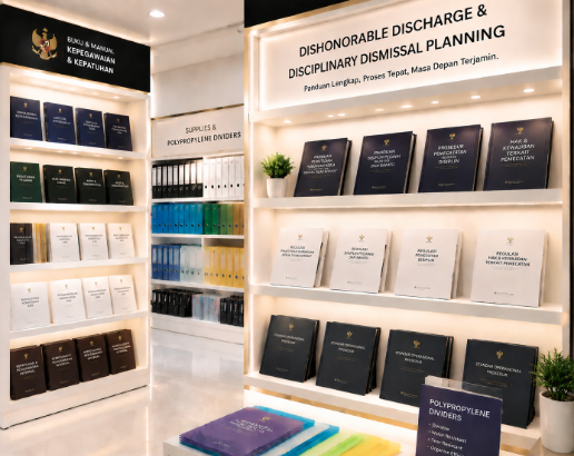 Jajaran tempat buku panduan pemberhentian tidak hormat ASN Pemkot Medan Tegas bahan premium untuk usaha pembuatan rencana sidang disiplin pegawai dan alat pusat instrumen sidang disiplin Medan heavy duty minimalis berbagai folder lembar risalah yang tersusun sangat rapi di dalam etalase toko perlengkapan kantor