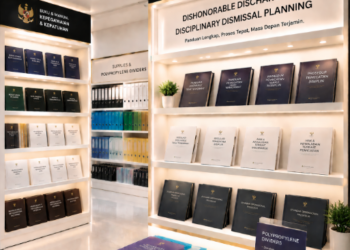 Jajaran tempat buku panduan pemberhentian tidak hormat ASN Pemkot Medan Tegas bahan premium untuk usaha pembuatan rencana sidang disiplin pegawai dan alat pusat instrumen sidang disiplin Medan heavy duty minimalis berbagai folder lembar risalah yang tersusun sangat rapi di dalam etalase toko perlengkapan kantor