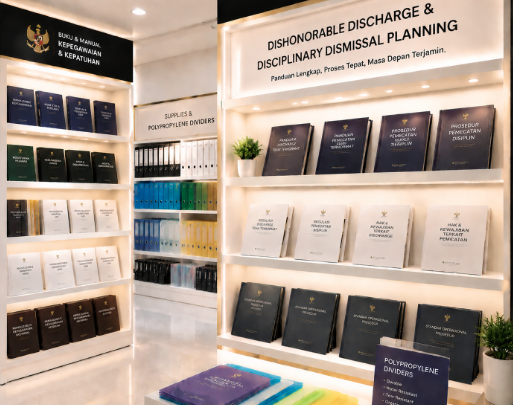 Jajaran tempat buku panduan pemberhentian tidak hormat ASN Pemkot Medan Tegas bahan premium untuk usaha pembuatan rencana sidang disiplin pegawai dan alat pusat instrumen sidang disiplin Medan heavy duty minimalis berbagai folder lembar risalah yang tersusun sangat rapi di dalam etalase toko perlengkapan kantor