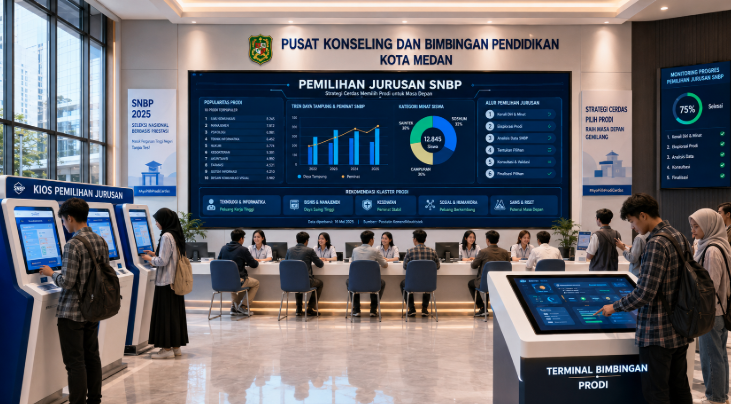 Dashboard interaktif Pemilihan Jurusan SNBP yang menampilkan alur penentuan prodi siswa real-time untuk mendukung efisiensi pendaftaran kota Medan.