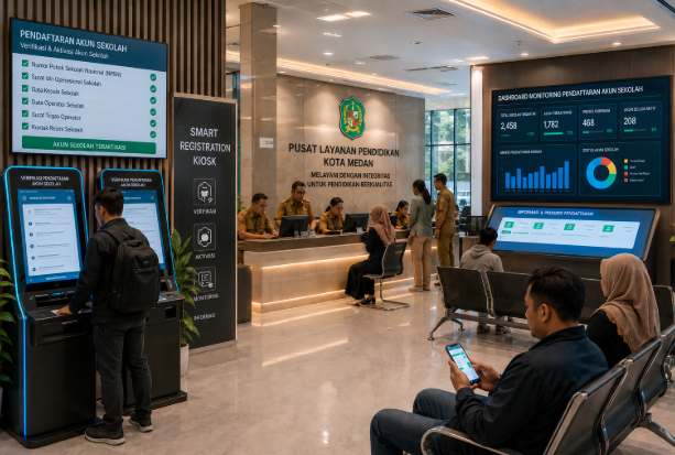 Dashboard interaktif Pendaftaran Akun Sekolah yang menampilkan alur aktivasi profil real-time untuk mendukung efisiensi pendaftaran kota Medan.