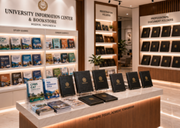 Jajaran tempat buku persiapan pendaftaran CPNS 2027 bahan premium untuk usaha kelulusan ujian seleksi dan alat modul materi heavy duty minimalis berbagai panduan sukses ujian yang tersusun sangat rapi di dalam etalase toko alat tulis