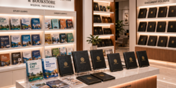 Jajaran tempat buku persiapan pendaftaran CPNS 2027 bahan premium untuk usaha kelulusan ujian seleksi dan alat modul materi heavy duty minimalis berbagai panduan sukses ujian yang tersusun sangat rapi di dalam etalase toko alat tulis