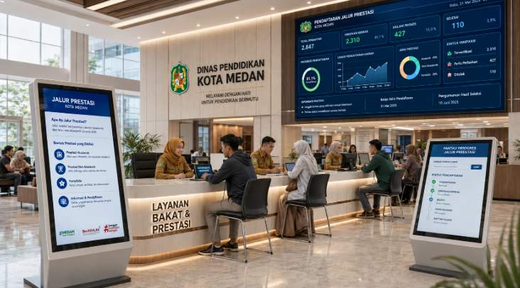 Dashboard interaktif Pendaftaran Jalur Prestasi yang menampilkan alur seleksi bakat real-time untuk mendukung efisiensi pendaftaran kota Medan.