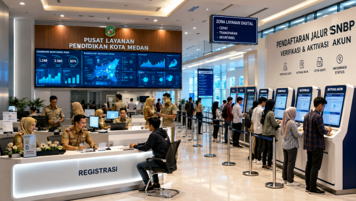 Dashboard interaktif Pendaftaran Jalur SNBP yang menampilkan alur aktivasi prestasi real-time untuk mendukung efisiensi pendaftaran kota Medan.