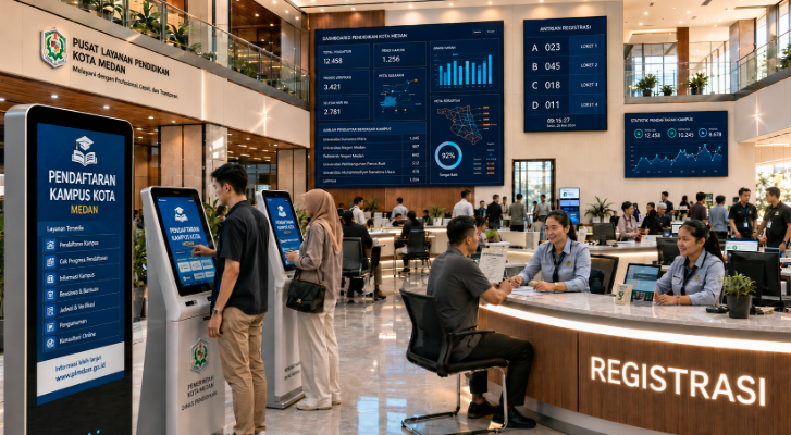 Dashboard interaktif Pendaftaran Kampus Kota yang menampilkan alur agenda registrasi real-time untuk mendukung efisiensi pendaftaran kota Medan.